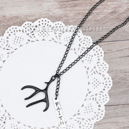 Picture of New Fashion Jewelry Necklace Earring Set Black Deer Horn /Antler Rectangle " FAITH " Pendants 82.0cm(32 2/8") long, 6.4cm(2 4/8") x 4cm(1 5/8"), 1 Set