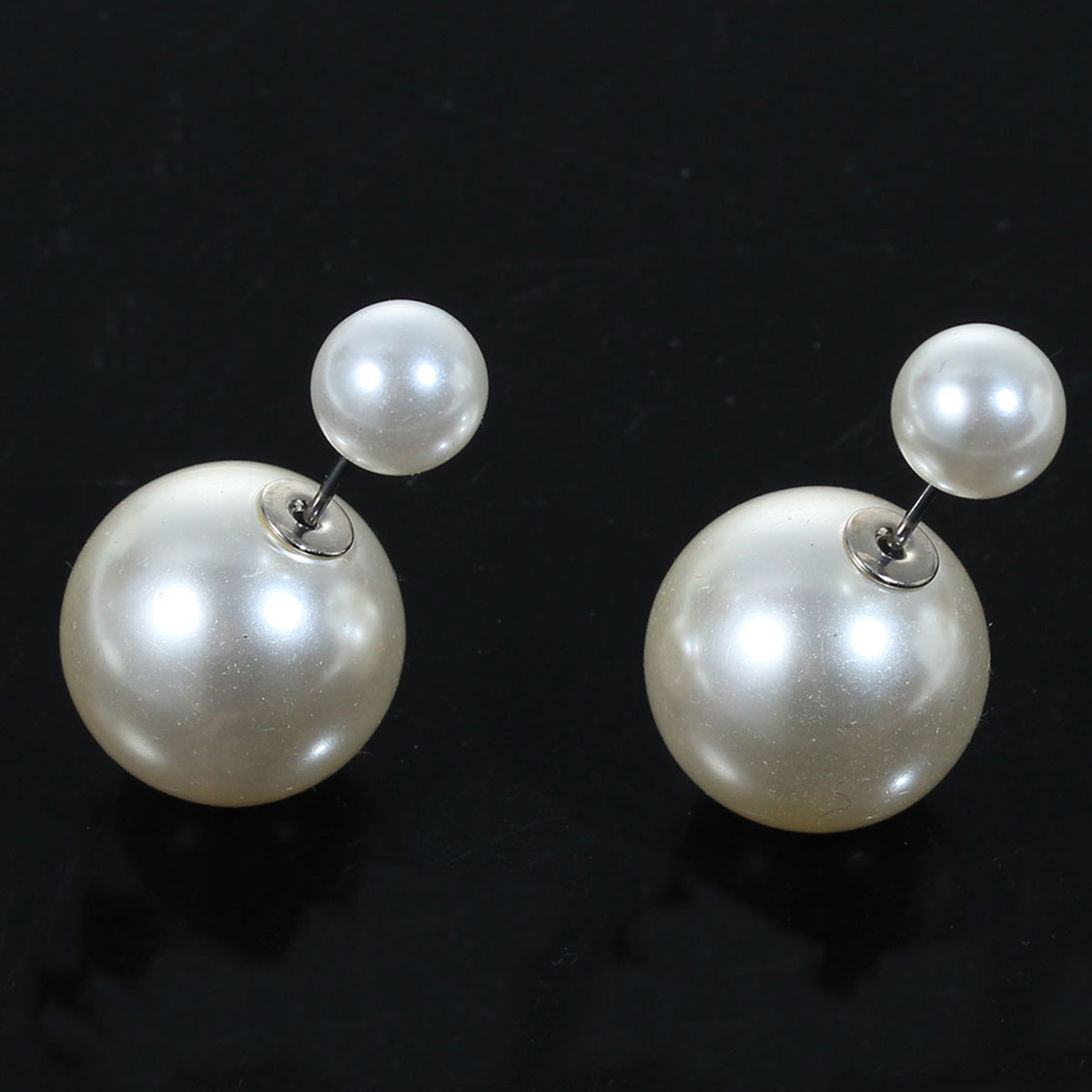 Picture of Acrylic Pearl Imitation Double Sided Ear Post Stud Earrings Ball Ivory 8mm( 3/8") Dia. 16mm( 5/8") Dia., Post/ Wire Size: (21 gauge), 10 Pairs