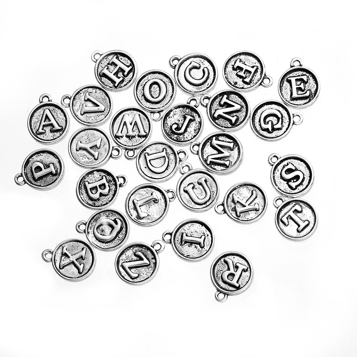 Picture of Zinc Based Alloy Charms Round Antique Silver Color Mixed Initial Alphabet/ Letter " A-Z " Carved 15mm x12mm( 5/8" x 4/8") - 14mm x11mm( 4/8" x 3/8"), 1 Set