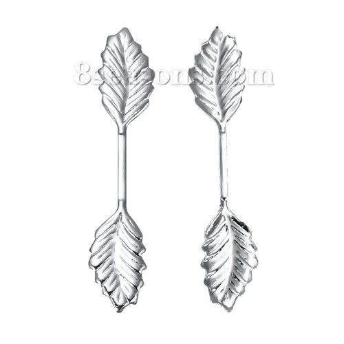 Picture of Brass Pendant Fold Over Pinch Bails Clasps Leaf Silver Plated 34mm(1 3/8") x 7mm( 2/8"), 20 PCs