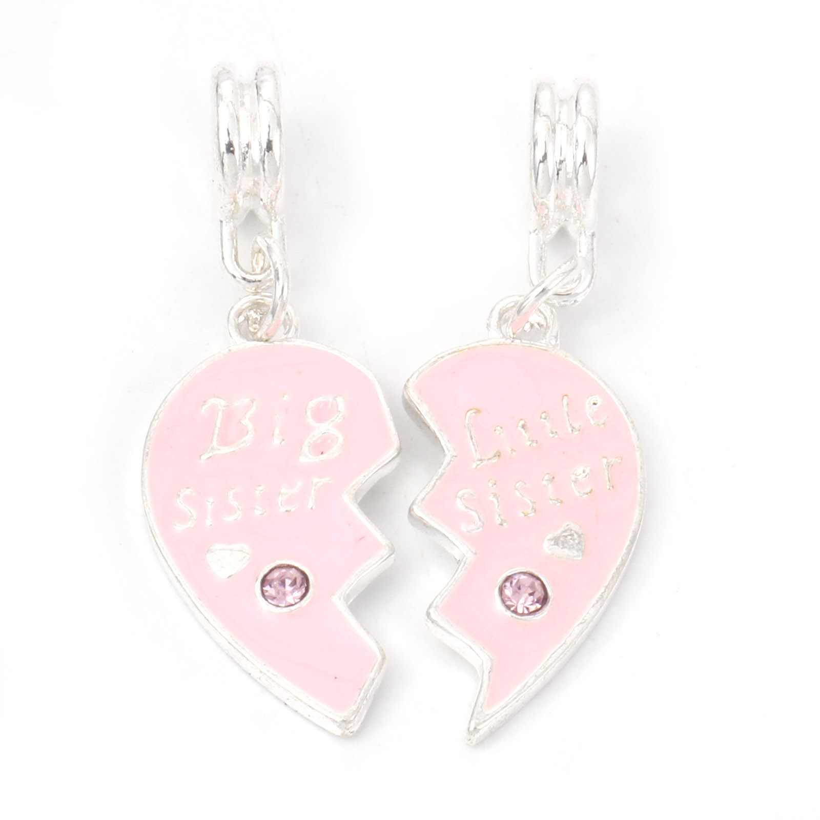 Picture of Zinc Metal Alloy European Style Large Hole Charm Dangle Beads Broken Heart Silver Plated Message " Big Sister & Little Sister " Carved Pink Enamel Clear Rhinestone 3.7cm x1.2cm 3.3cm x1cm, 1 Set