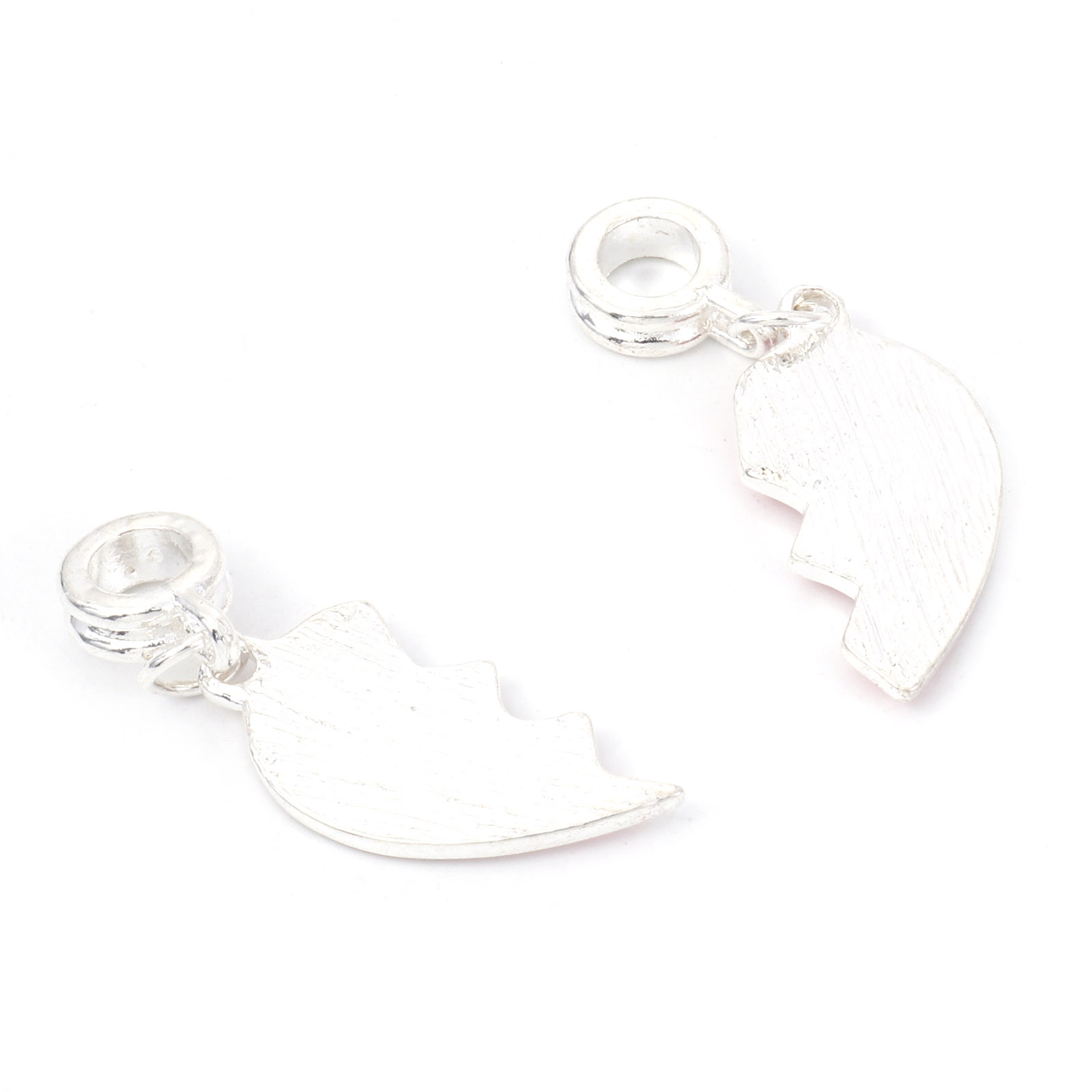 Picture of Zinc Metal Alloy European Style Large Hole Charm Dangle Beads Broken Heart Silver Plated Message " Big Sister & Little Sister " Carved Pink Enamel Clear Rhinestone 3.7cm x1.2cm 3.3cm x1cm, 1 Set