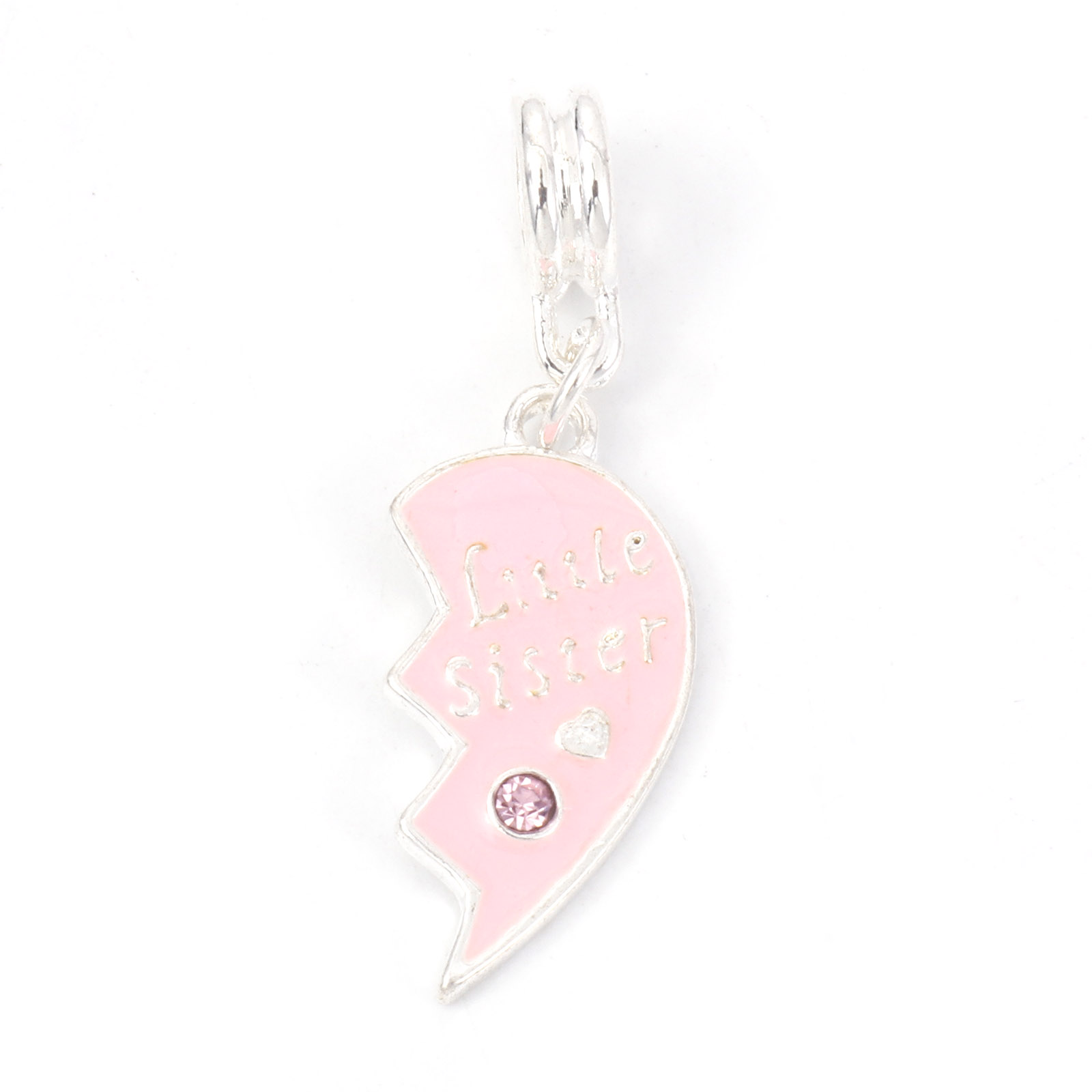 Picture of Zinc Metal Alloy European Style Large Hole Charm Dangle Beads Broken Heart Silver Plated Message " Big Sister & Little Sister " Carved Pink Enamel Clear Rhinestone 3.7cm x1.2cm 3.3cm x1cm, 1 Set