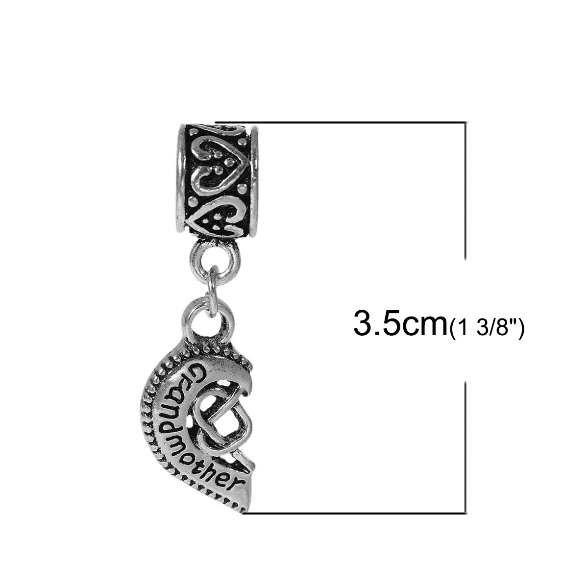 Picture of Zinc Based Alloy European Style Large Hole Charm Dangle Beads Broken Heart Antique Silver Color Message " Grandmother & Granddaughter " Carved Hollow 35mm x 11mm, 1 Set
