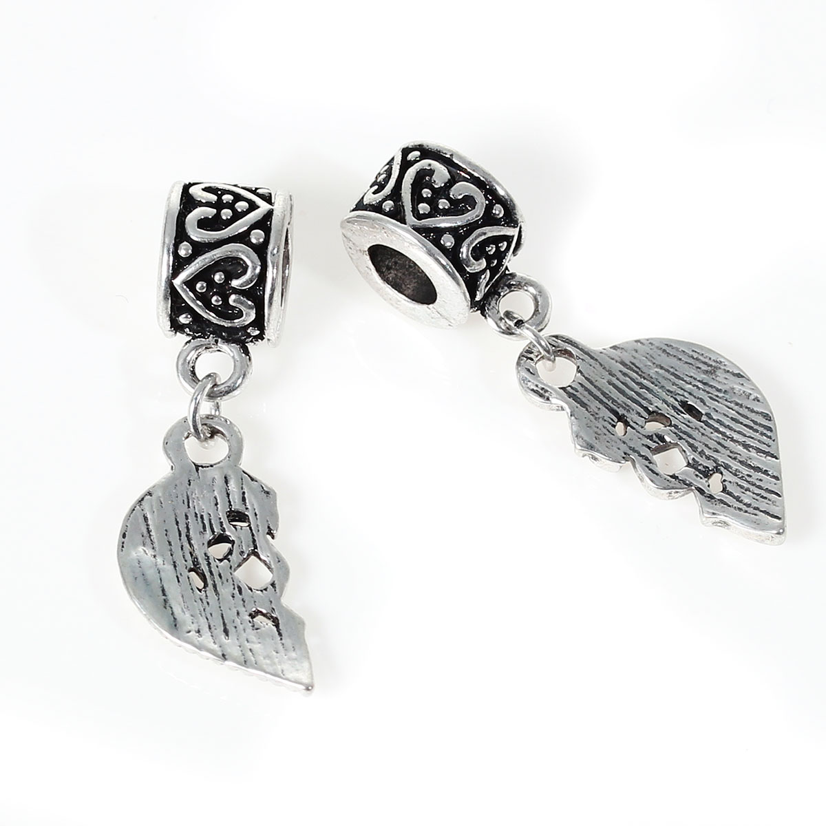 Picture of Zinc Based Alloy European Style Large Hole Charm Dangle Beads Broken Heart Antique Silver Color Message " Grandmother & Granddaughter " Carved Hollow 35mm x 11mm, 1 Set