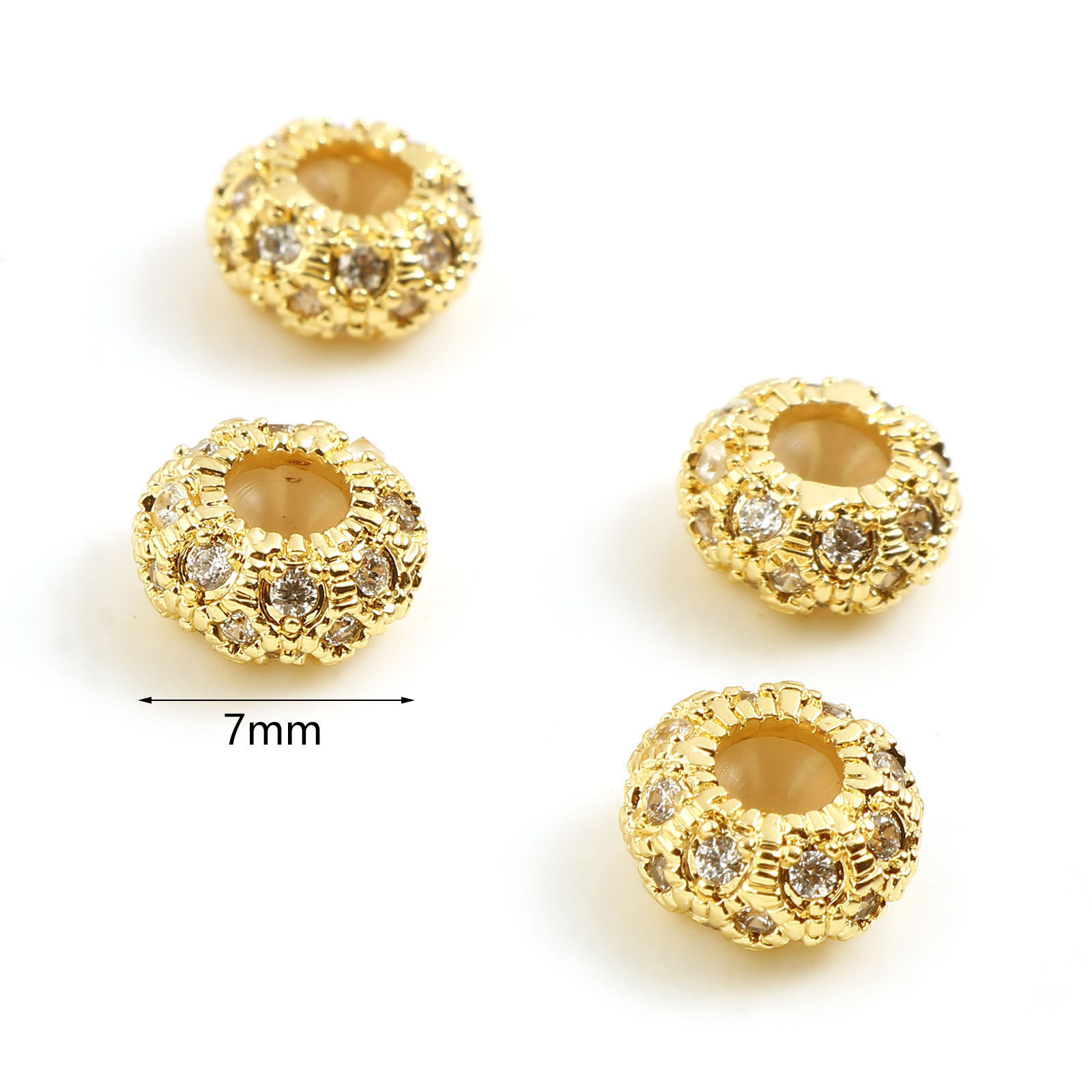 真鍮 スライドビーズ 18K リアルゴールドメッキ 円形 透明ラインストーン 約 8mm 直径 穴：約 1.5mm、 1 個 の画像