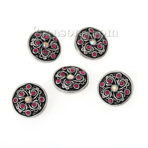 Image de 20mm Bouton Pression en Alliage de Zinc Rond Argent Vieilli Vignes de Fleurs Strass Couleur AB, pour Support Bracelet, Taille de Poignée: 5.5mm, 1 Pièce