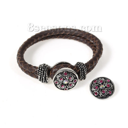 Image de 20mm Bouton Pression en Alliage de Zinc Rond Argent Vieilli Vignes de Fleurs Strass Couleur AB, pour Support Bracelet, Taille de Poignée: 5.5mm, 1 Pièce