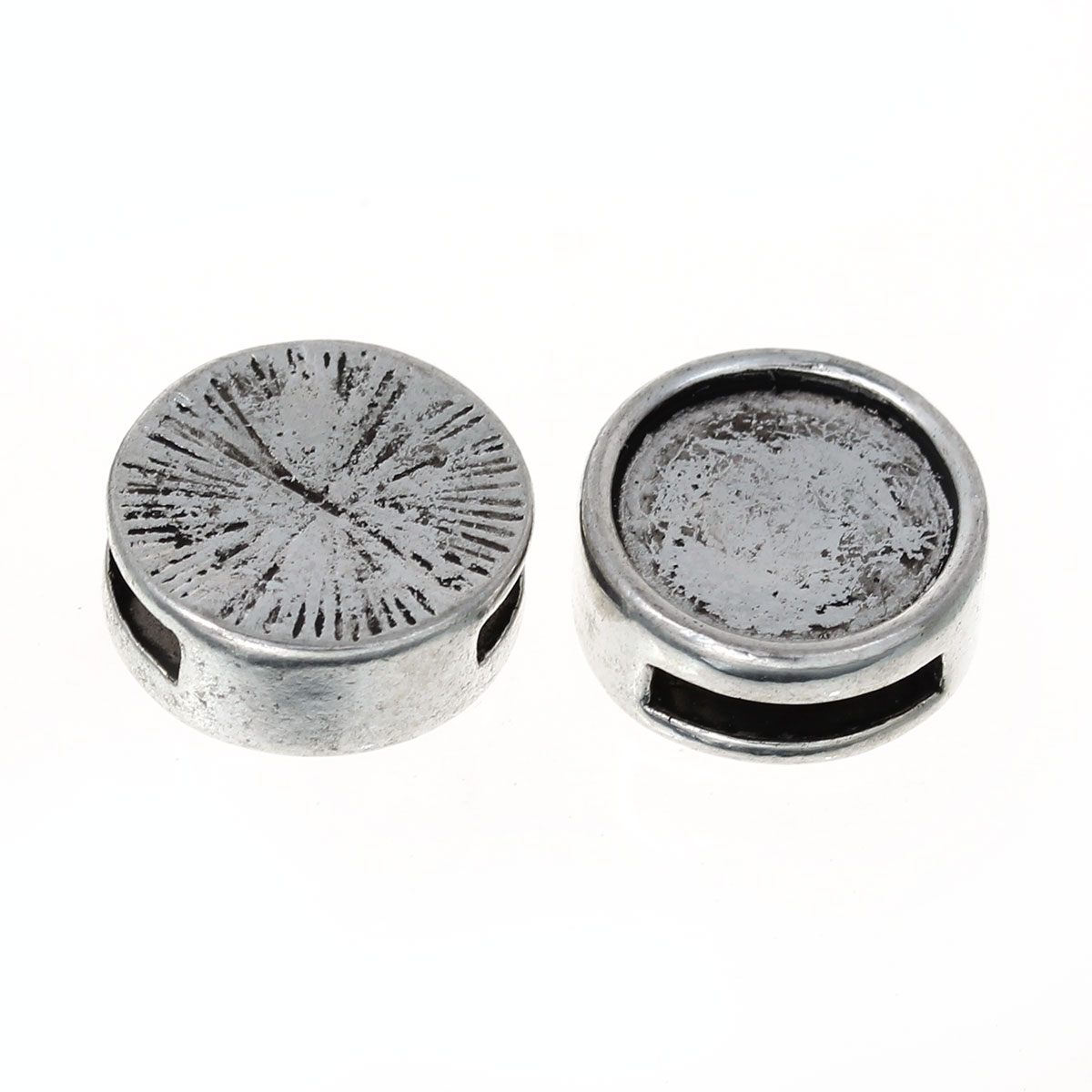 Изображение Цинковый Сплав ползунок Бусины Плоские Круглые Античное Серебро, (Для 8mm x 2mmНитки) Основы для Кабошонов 11мм) Около 13мм диаметр, Отверстие:около 8мм x 2мм (Подходит к 8mm x 2mm шнур) 10 ШТ