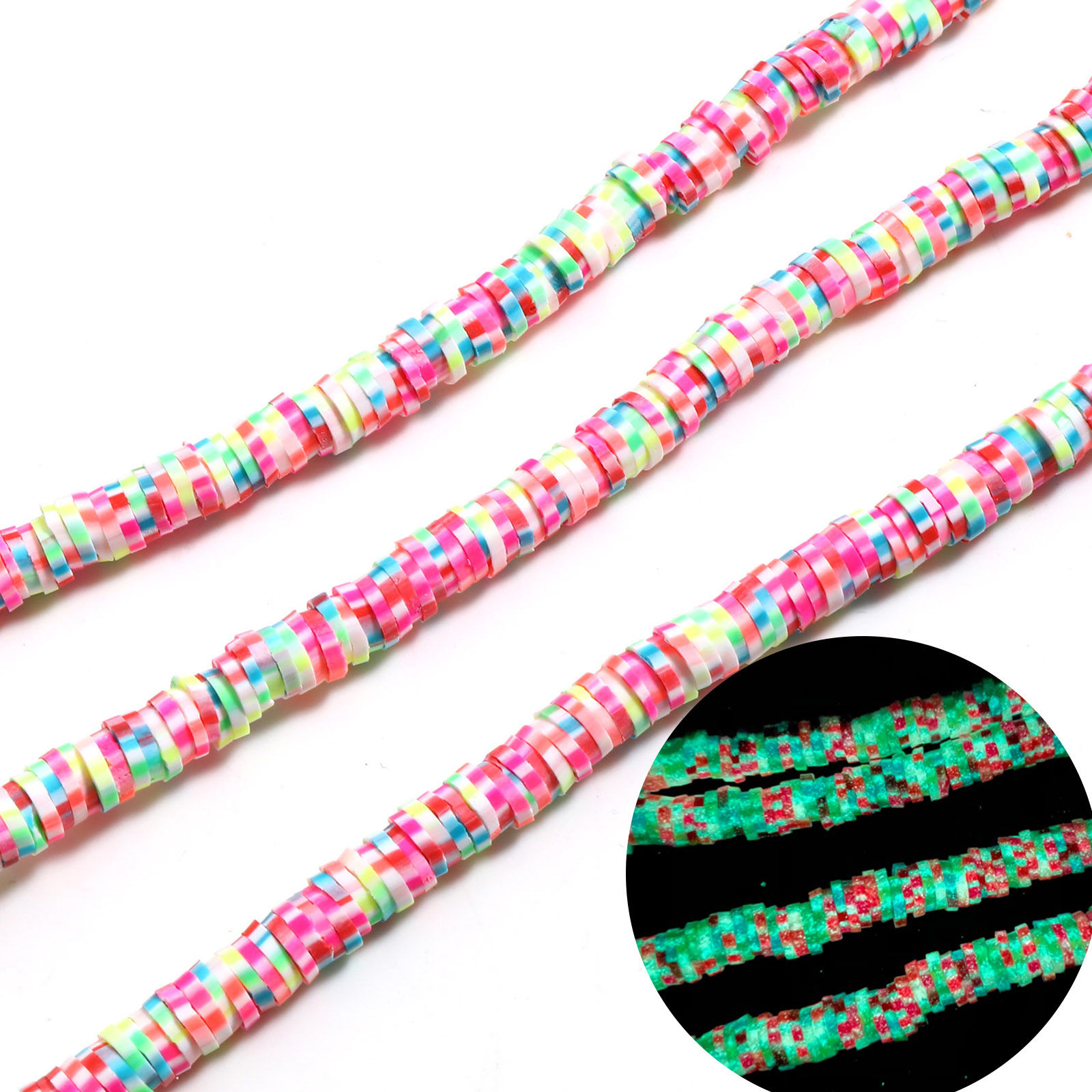 Picture of Polymer Clay Katsuki Beads Flower At Random Color Mixed Glow In The Dark Luminous About 6mm x 6mm, Hole: Approx 2.1mm, 40cm(15 6/8") - 39.5cm(15 4/8") long, 2 Strands (Approx 310-300 PCs/Strand)