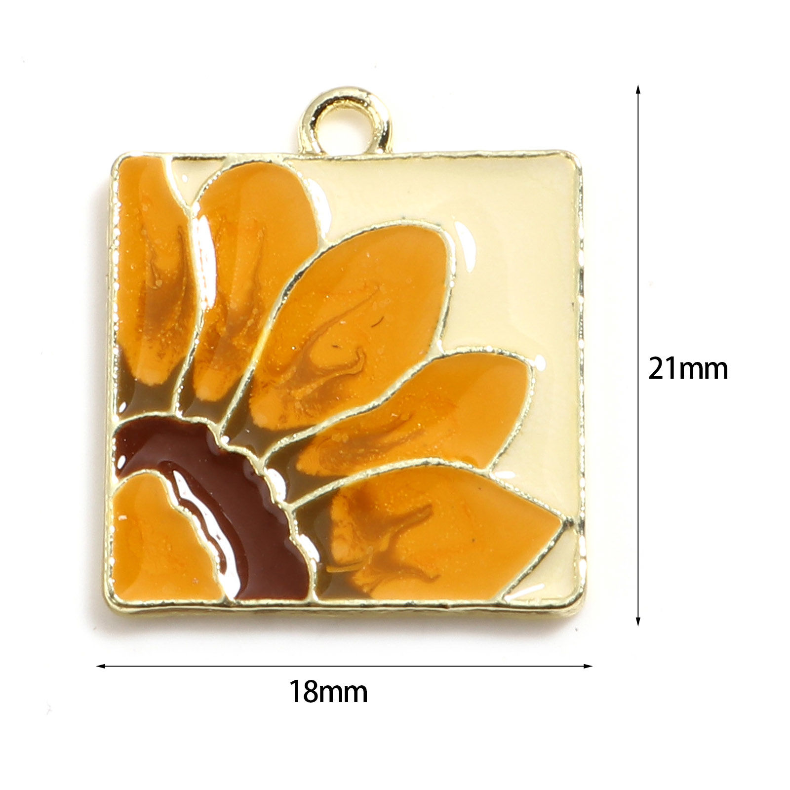 Picture of Zinc Based Alloy Charms Square Gold Plated Yellow & Orange Flower 21mm x 18mm, 5 PCs