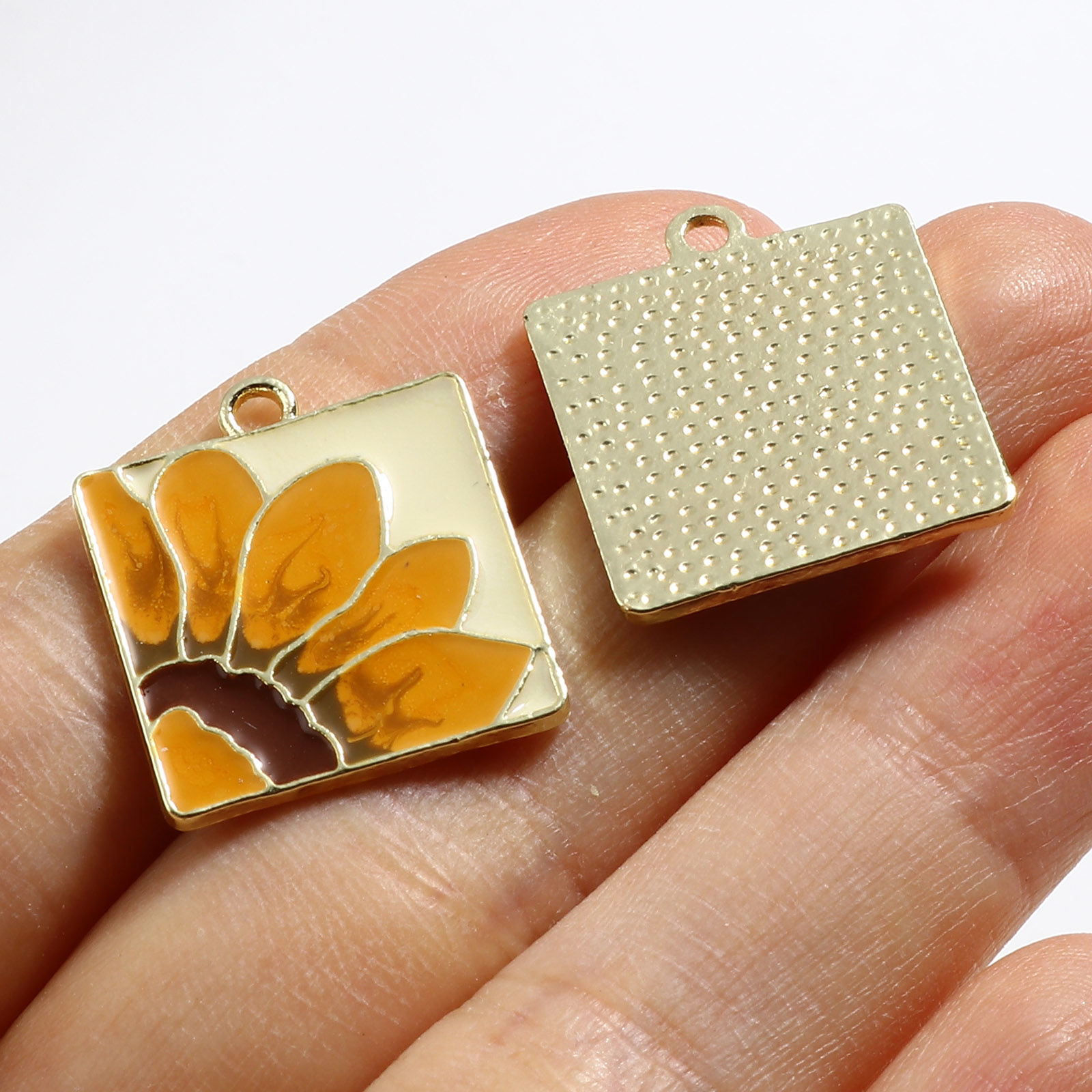 Picture of Zinc Based Alloy Charms Square Gold Plated Yellow & Orange Flower 21mm x 18mm, 5 PCs