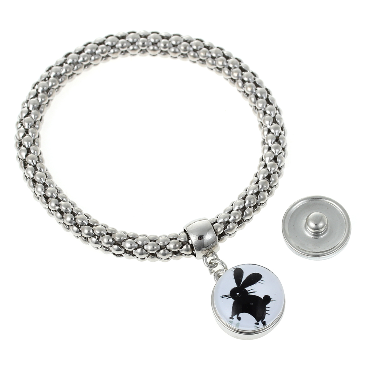 Picture of Iron Based Alloy Snap Button Popcorn Chain Elastic Bracelets Fit 18mm/20mm Snap Buttons Silver Tone 22cm(8 5/8") long, Hole Size: 6.0mm( 2/8"), 1 Piece