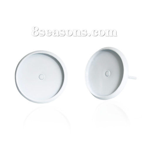 Picture of Brass Ear Post Stud Earrings Cabochon Settings Round White Painting (Fits 12mm Dia) 14mm x14mm( 4/8" x 4/8") - 14mm x13mm( 4/8" x 4/8"), Post/ Wire Size: (21 gauge), 10 PCs