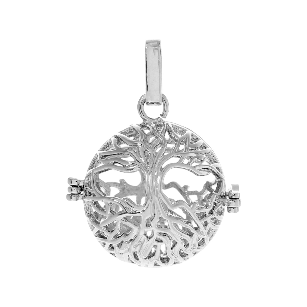 Picture of Brass Mexican Angel Caller Bola Harmony Ball Wish Box Pendants Round Silver Tone Tree Hollow Carved Can Open (Fit Bead Size: 20mm) 37mm(1 4/8") x 28mm(1 1/8"), 1 Piece