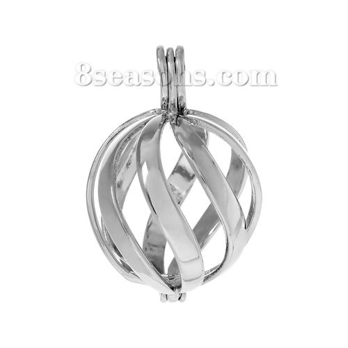 Picture of Brass Mexican Angel Caller Bola Harmony Ball Wish Box Pendants Round Silver Tone Twisted Stripe Hollow Can Open (Fit Bead Size: 16mm) 3.3cm x2.3cm(1 2/8" x 7/8"), 1 Piece