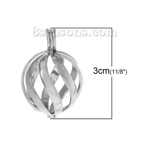 Picture of Brass Mexican Angel Caller Bola Harmony Ball Wish Box Pendants Round Silver Tone Twisted Stripe Hollow Can Open (Fit Bead Size: 16mm) 3.3cm x2.3cm(1 2/8" x 7/8"), 1 Piece