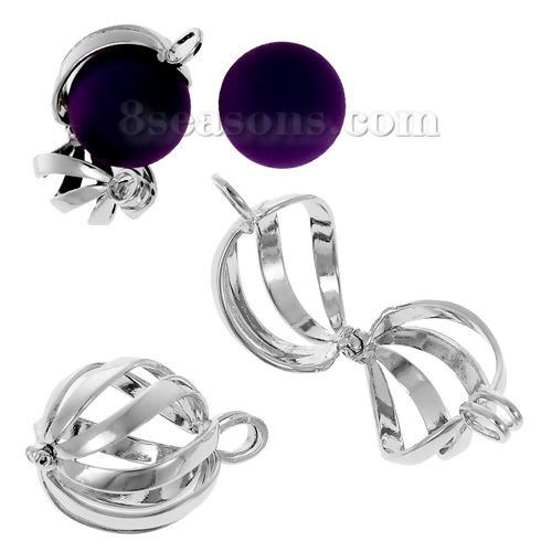 Picture of Brass Mexican Angel Caller Bola Harmony Ball Wish Box Pendants Round Silver Tone Twisted Stripe Hollow Can Open (Fit Bead Size: 16mm) 3.3cm x2.3cm(1 2/8" x 7/8"), 1 Piece
