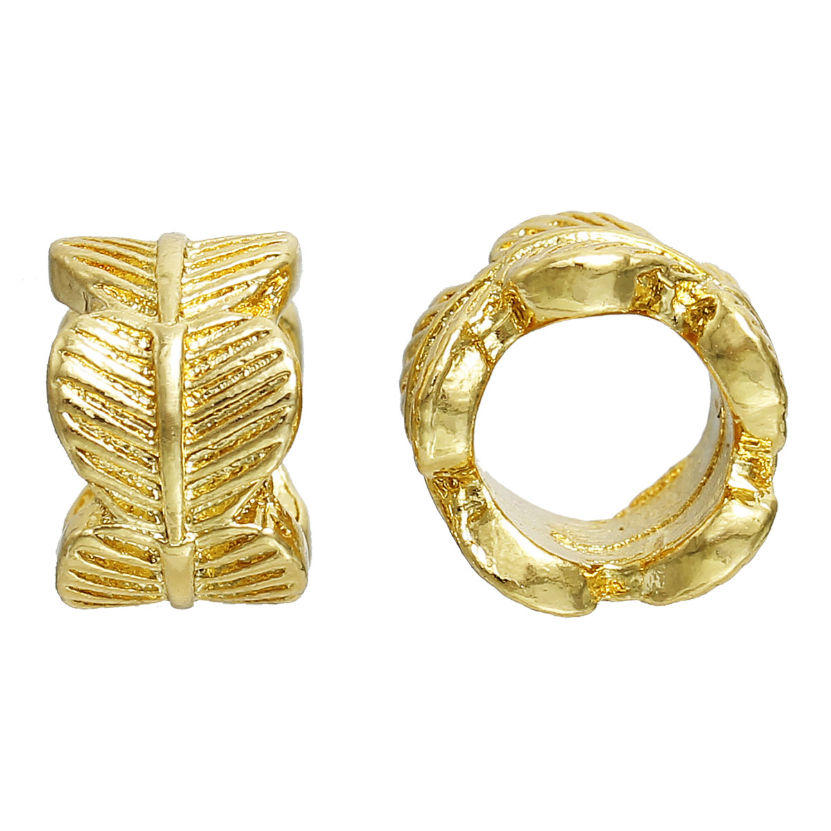 Picture of Zinc Based Alloy Charms Beads Cylinder Gold Plated Heart Leaf Carved 11mm x 7mm, 1 Piece
