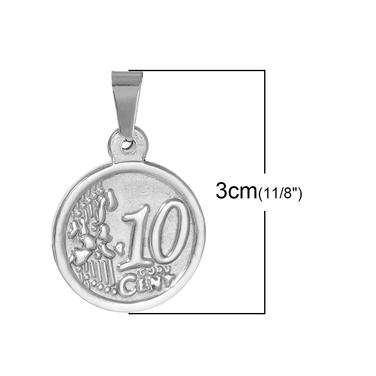 Picture of Stainless Steel Pendants Round Silver Tone Message " 10 CENT " Carved 30mm(1 1/8") x 19mm( 6/8"), 1 Piece