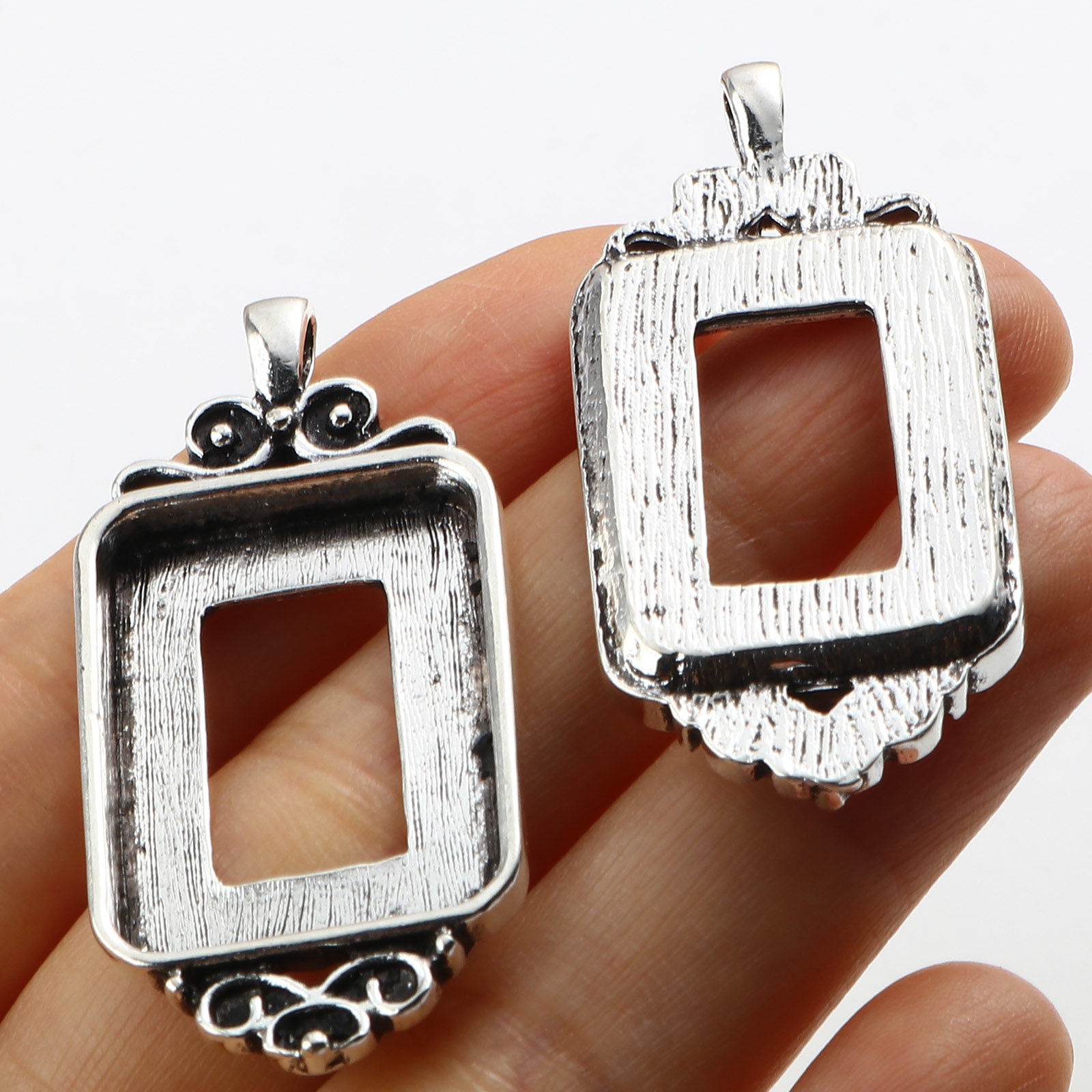Picture of Zinc Based Alloy Cabochon Settings Pendants Rectangle Antique Silver Color Carved Pattern (Fits 25.5mm x 18.5mm) 45mm x 21mm, 5 PCs