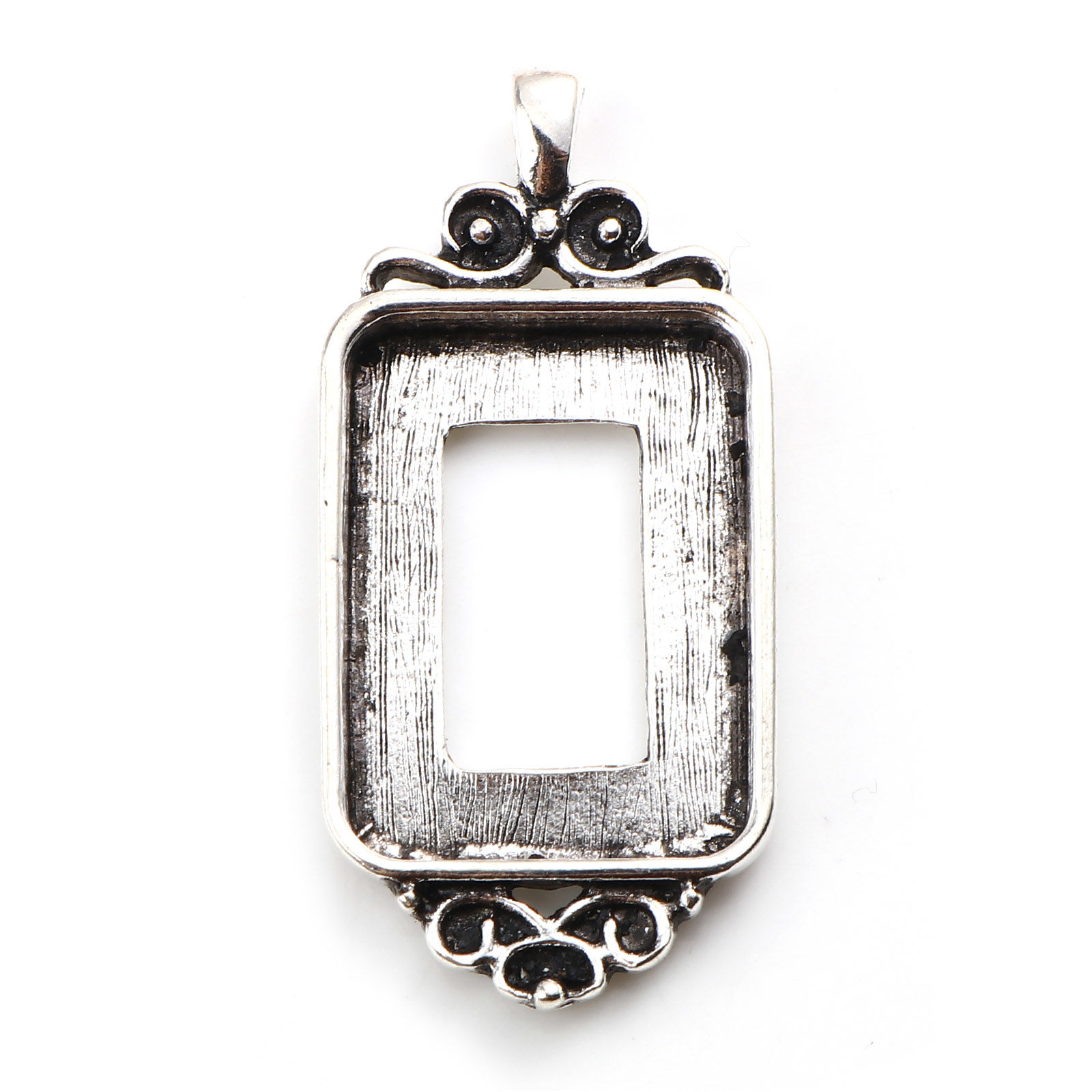 Picture of Zinc Based Alloy Cabochon Settings Pendants Rectangle Antique Silver Color Carved Pattern (Fits 25.5mm x 18.5mm) 45mm x 21mm, 5 PCs