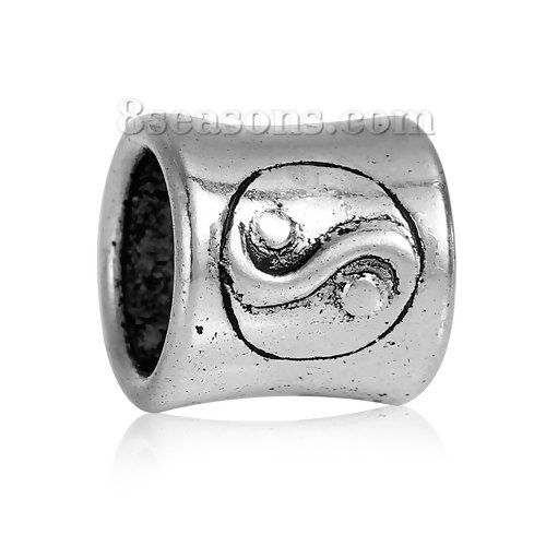 Picture of Zinc Based Alloy Spacer Beads Bobbin Antique Silver Color Yin Yang Symbol Carved About 13mm x 12mm, 10 PCs