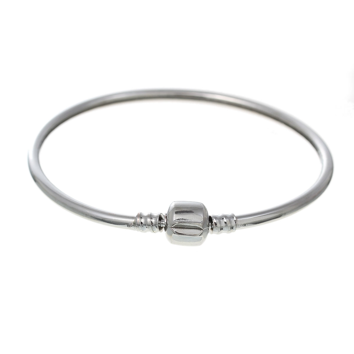 Imagen de Latón Estilo Europeo Encanto Brazalete Ronda Colgante Tono de Plata con Snap Corchete 21cm longitud, 1 Unidad