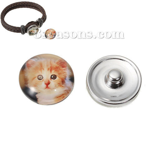 Picture of 18mm Glass Snap Button Fit Snap Button Bracelets Round Silver Tone At Random Mixed Cat Pattern, Knob Size: 5.5mm( 2/8"), 6 PCs