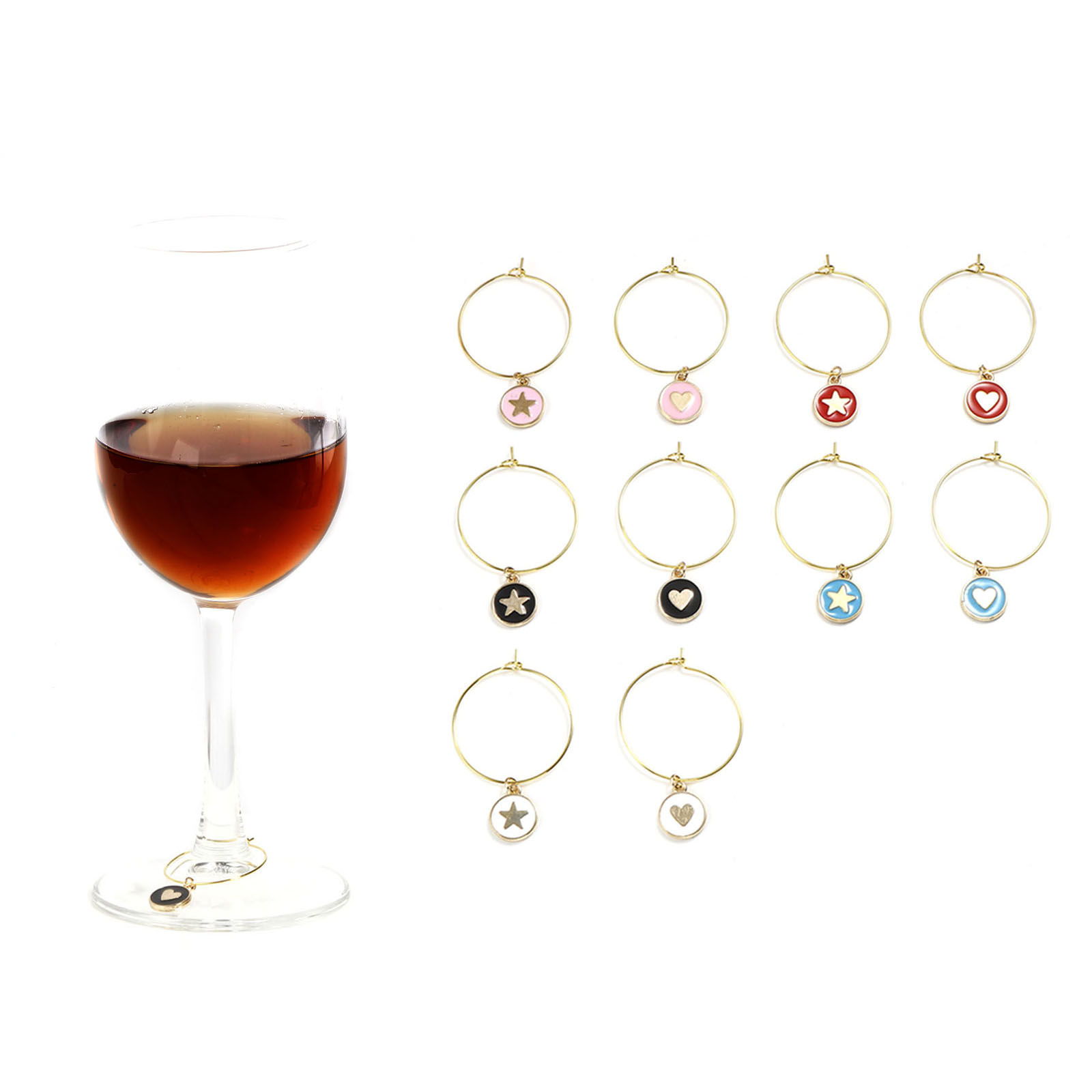 Picture of Zinc Based Alloy Wine Glass Charms Round Star Mixed Color With Cloth Bag 4.5cm x 3cm, 1 Set (Approx 10 PCs/Set)