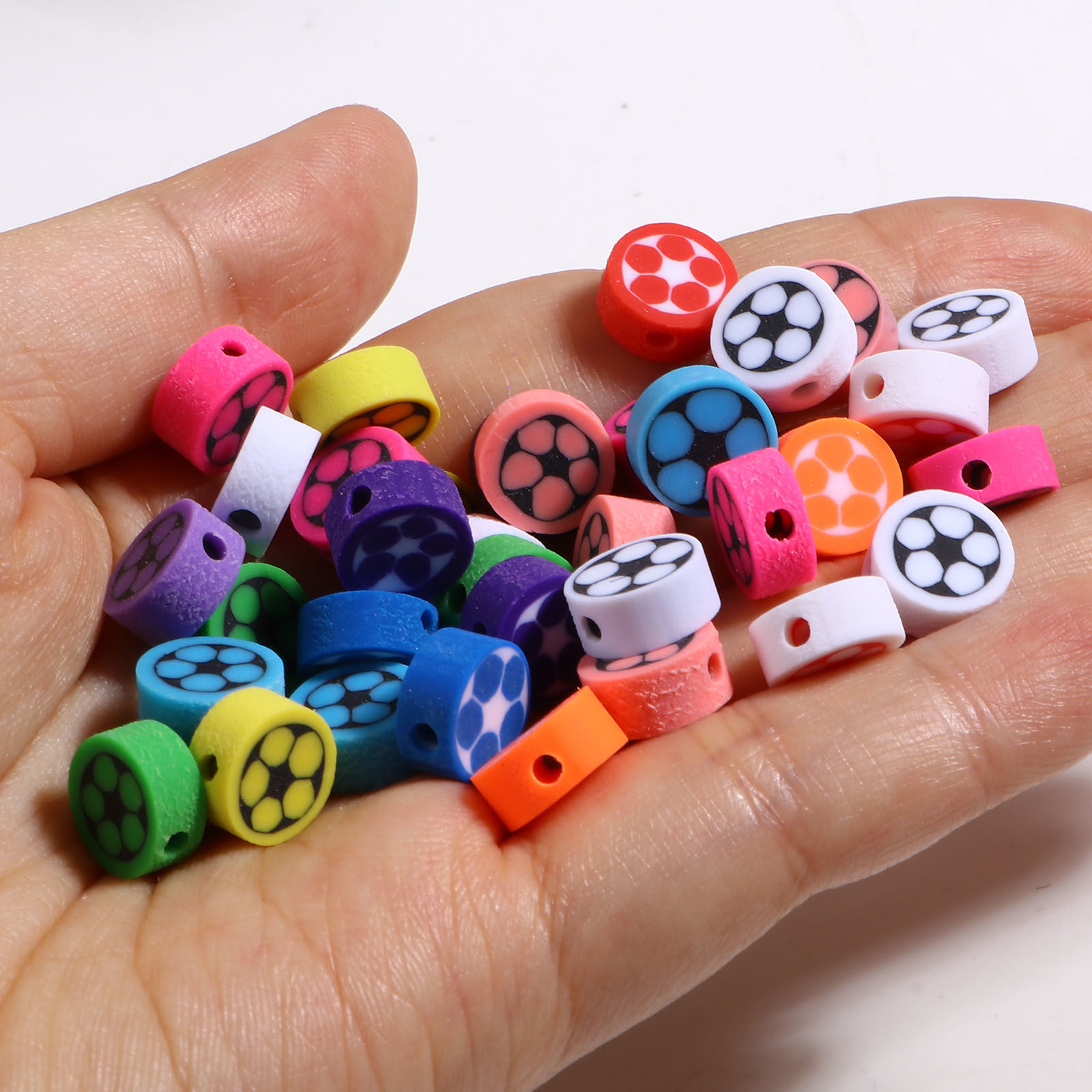 Picture of Polymer Clay Sport Beads Round At Random Color Mixed Football Pattern About 10mm Dia, Hole: Approx 2.8mm, 100 PCs