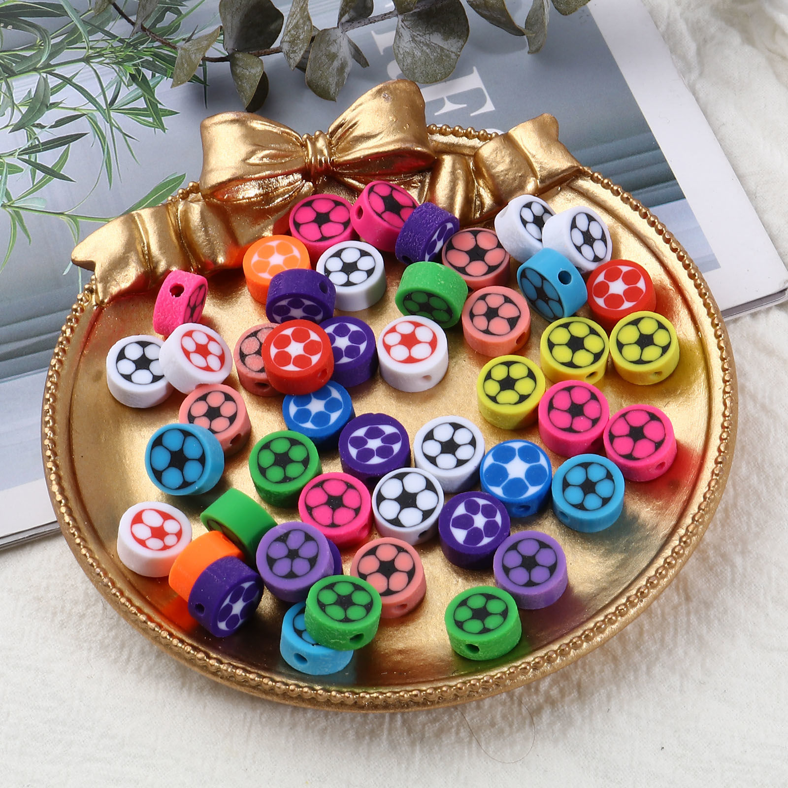 Picture of Polymer Clay Sport Beads Round At Random Color Mixed Football Pattern About 10mm Dia, Hole: Approx 2.8mm, 100 PCs