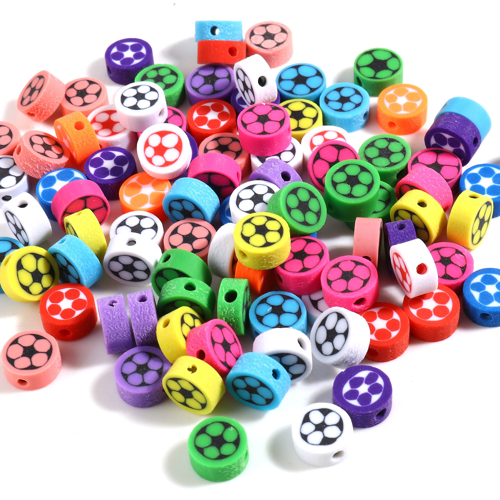 Picture of Polymer Clay Sport Beads Round At Random Color Mixed Football Pattern About 10mm Dia, Hole: Approx 2.8mm, 100 PCs