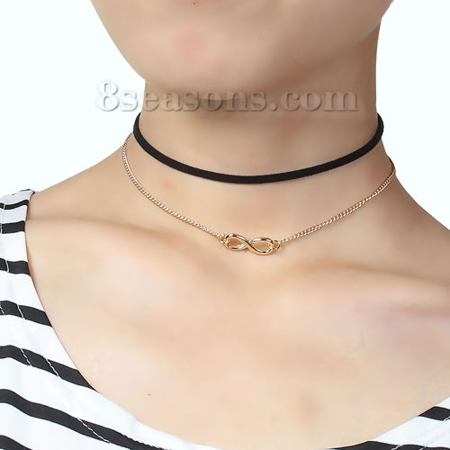 Picture of Black Velvet Faux Suede Choker Necklace Link Curb Chain Gold Plated Infinity Symbol Pendant 34.5cm(13 5/8") long, 1 Piece