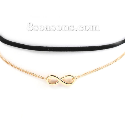 Picture of Black Velvet Faux Suede Choker Necklace Link Curb Chain Gold Plated Infinity Symbol Pendant 34.5cm(13 5/8") long, 1 Piece