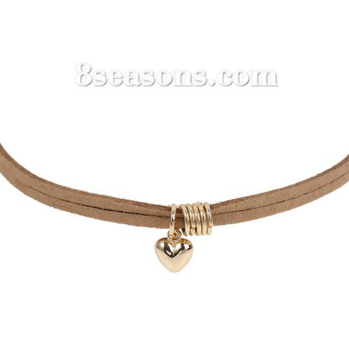 Picture of Khaki Velvet Faux Suede Choker Necklace Gold Plated Heart 34cm(13 3/8") long, 1 Piece