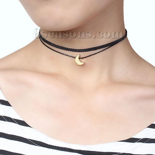 Picture of Black Terylene Choker Necklace Gold Plated Half Moon 34cm(13 3/8") long, 1 Piece