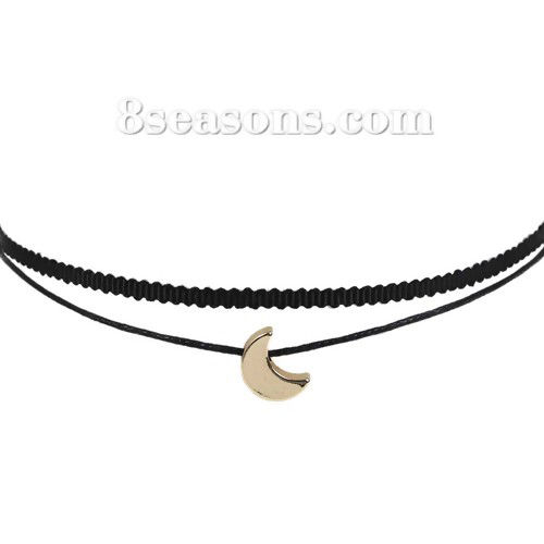 Picture of Black Terylene Choker Necklace Gold Plated Half Moon 34cm(13 3/8") long, 1 Piece