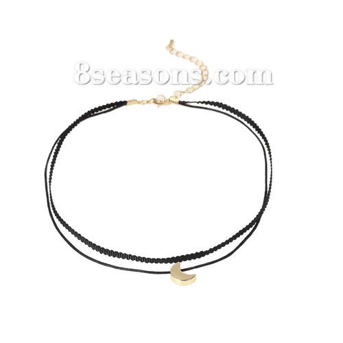 Picture of Black Terylene Choker Necklace Gold Plated Half Moon 34cm(13 3/8") long, 1 Piece