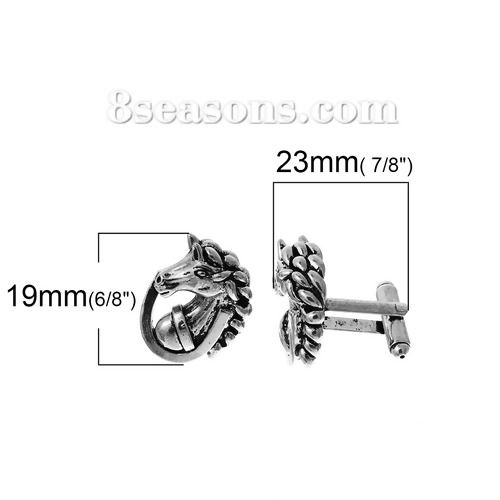 Bild von Messing Manschettenknöpfe Pferdkopf Antiksilber Umdrehbar, 23mm x 19mm, 2 Stücke
