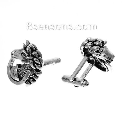 Bild von Messing Manschettenknöpfe Pferdkopf Antiksilber Umdrehbar, 23mm x 19mm, 2 Stücke