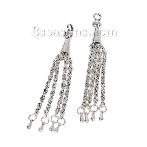 Picture of Zinc Based Alloy & Iron Based Alloy Charms Pendants Tassel Antique Silver Color With Drop Beads 74mm(2 7/8") x 6mm( 2/8"), 5 PCs