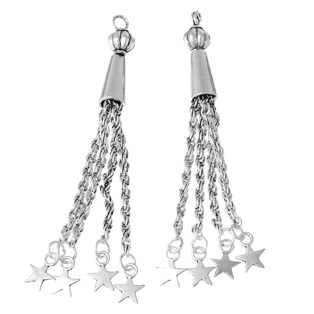 Picture of Zinc Based Alloy & Iron Based Alloy Charms Pendants Tassel Antique Silver Color With Drop Beads 74mm(2 7/8") x 6mm( 2/8"), 5 PCs