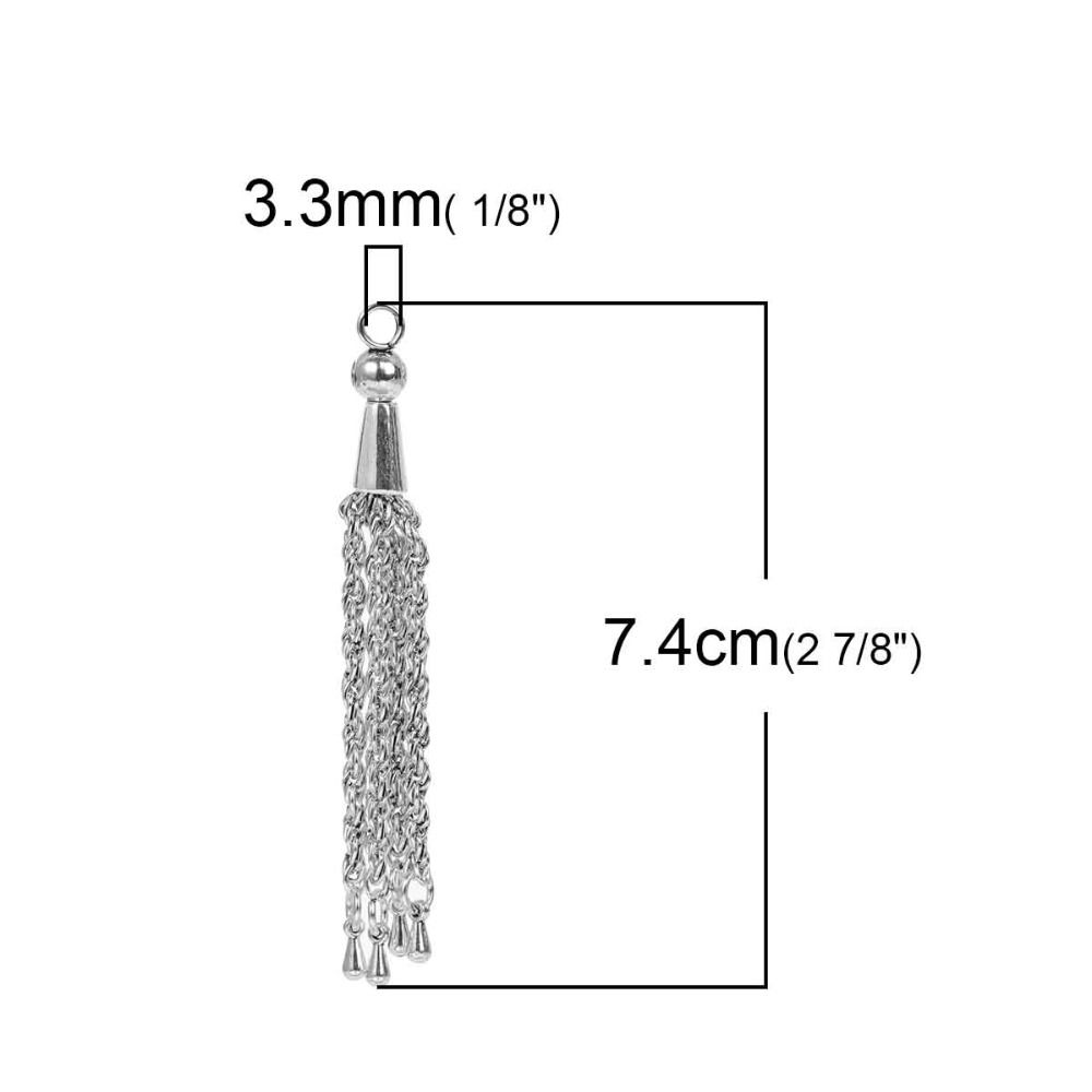 Picture of Zinc Based Alloy & Iron Based Alloy Charms Pendants Tassel Antique Silver Color With Drop Beads 74mm(2 7/8") x 6mm( 2/8"), 5 PCs