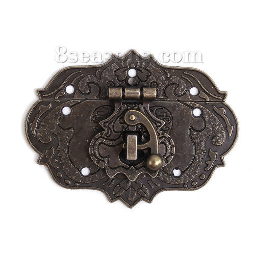 Picture of Zinc Based Alloy Cabinet Box Lock Catch Latches Antique Bronze Pattern Carved 77mm x38mm(3" x1 4/8") 68mm x48mm(2 5/8" x1 7/8"), 2 Sets