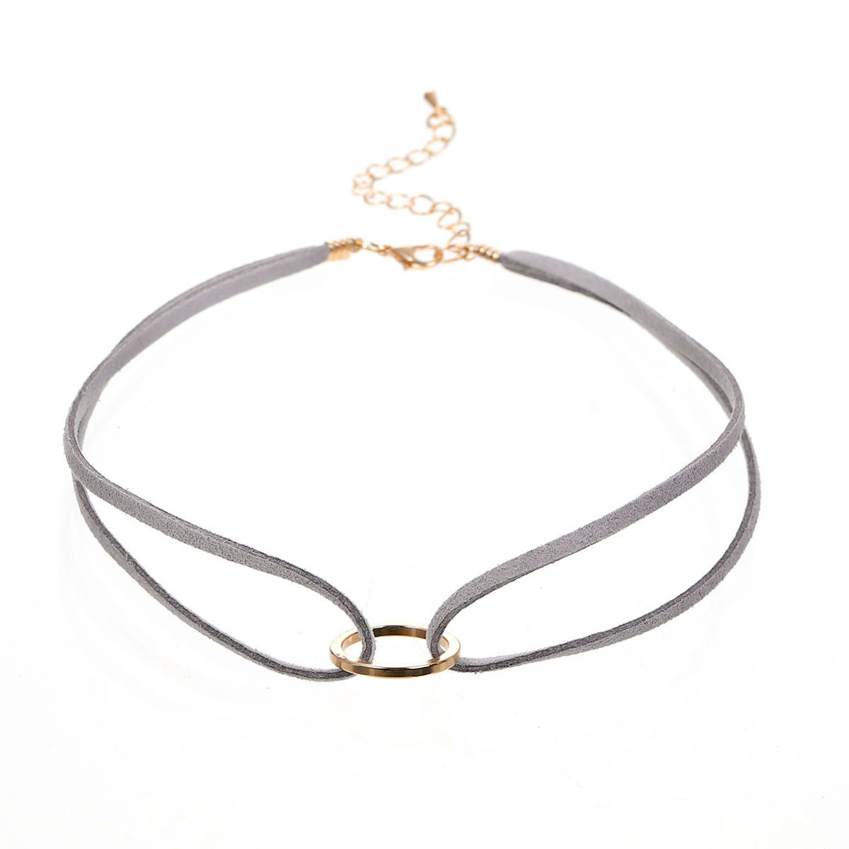 Picture of Gray Velvet Faux Suede Choker Necklace Gold Plated Circle Ring Pendant 33cm(13") long, 1 Piece