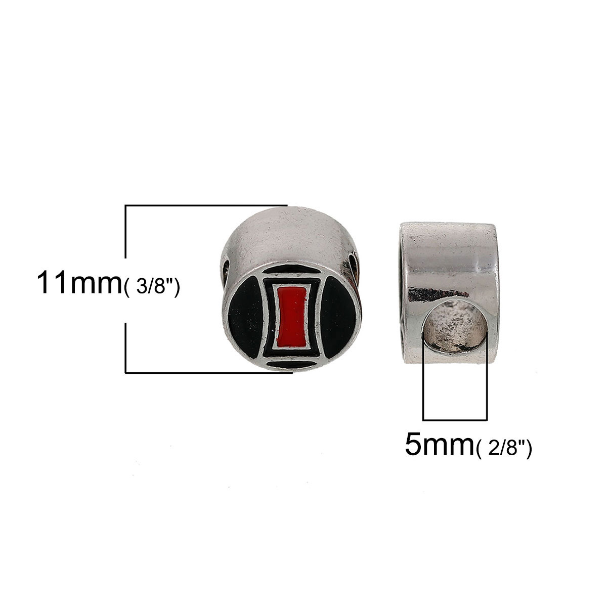 Immagine di Lega di Zinco Stile Europeo Fascino Perline Tondo Argento Antico Rettangolo Scolpito Nero & Rosso Smalto Circa 11mm Dia, Foro: Circa 5.0mm, 5 Pz