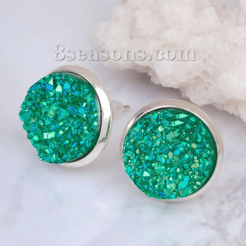 Picture of Brass Druzy/ Drusy Ear Post Stud Earrings Round Silver Plated Green AB Color W/ Stoppers 16mm( 5/8") x 14mm( 4/8"), Post/ Wire Size: (20 gauge), 1 Pair