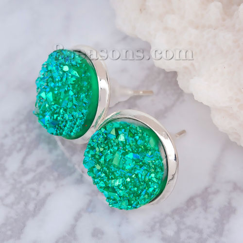 Picture of Brass Druzy/ Drusy Ear Post Stud Earrings Round Silver Plated Green AB Color W/ Stoppers 16mm( 5/8") x 14mm( 4/8"), Post/ Wire Size: (20 gauge), 1 Pair