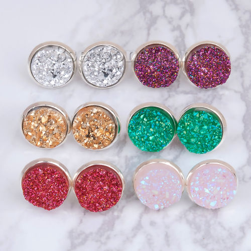 Picture of Brass Druzy/ Drusy Ear Post Stud Earrings Round Silver Plated Green AB Color W/ Stoppers 16mm( 5/8") x 14mm( 4/8"), Post/ Wire Size: (20 gauge), 1 Pair